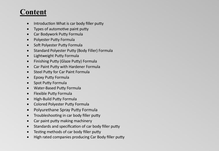 car body filler putty formula