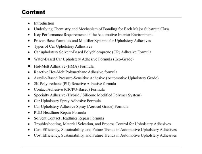 Car Upholstery Adhesives Formula